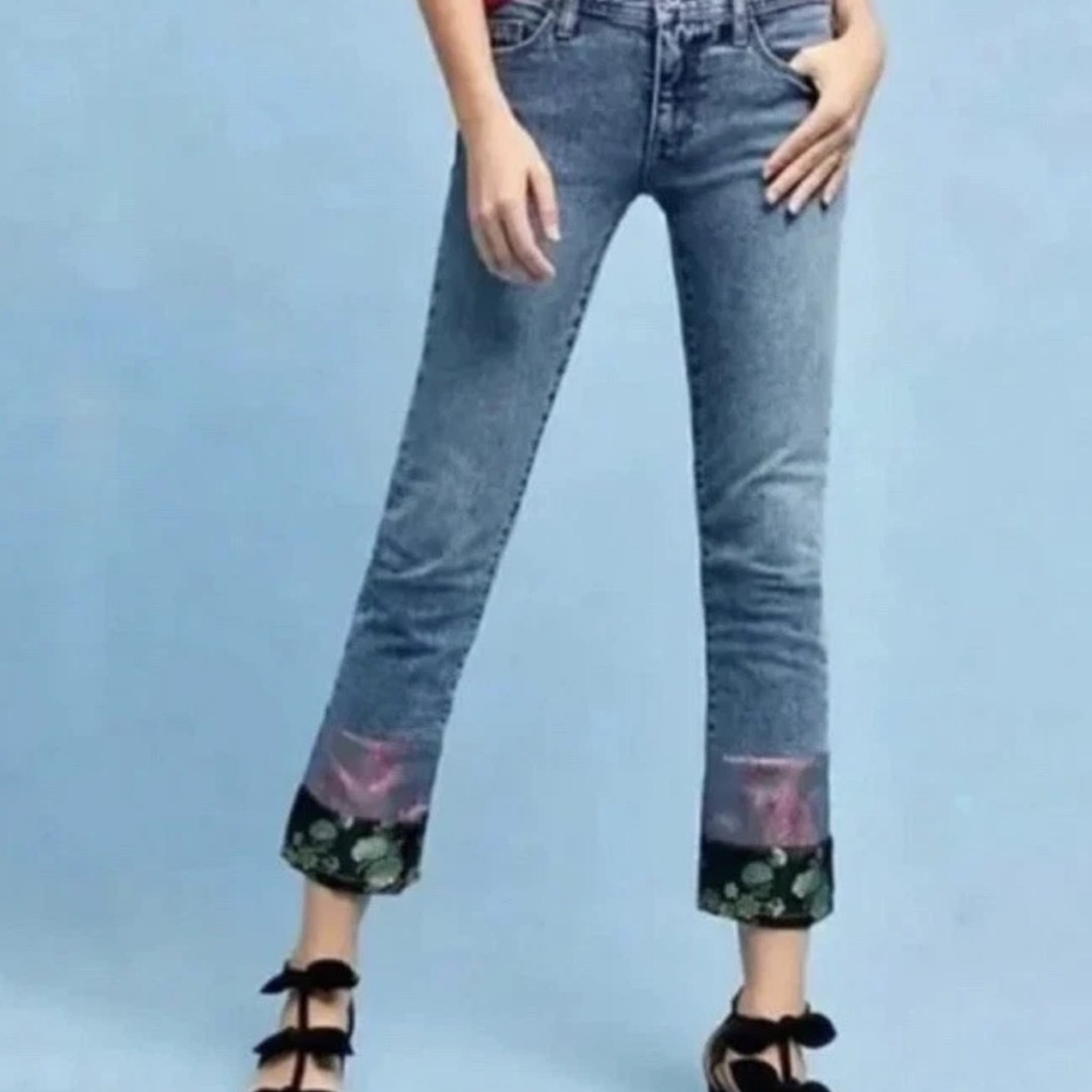 Pilcro and tge Letterpress Denim Jeans with Embroidered satin Hem